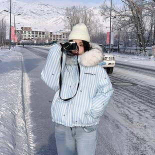 品品蝴蝶结面包羽绒服棉女2025新款毛正领连帽外套加冬厚保69-733