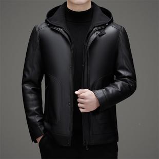 皮衣夹克绵领LUC羊皮中年男士 连帽男士 带帽绒皮羽服 冬新款 秋季