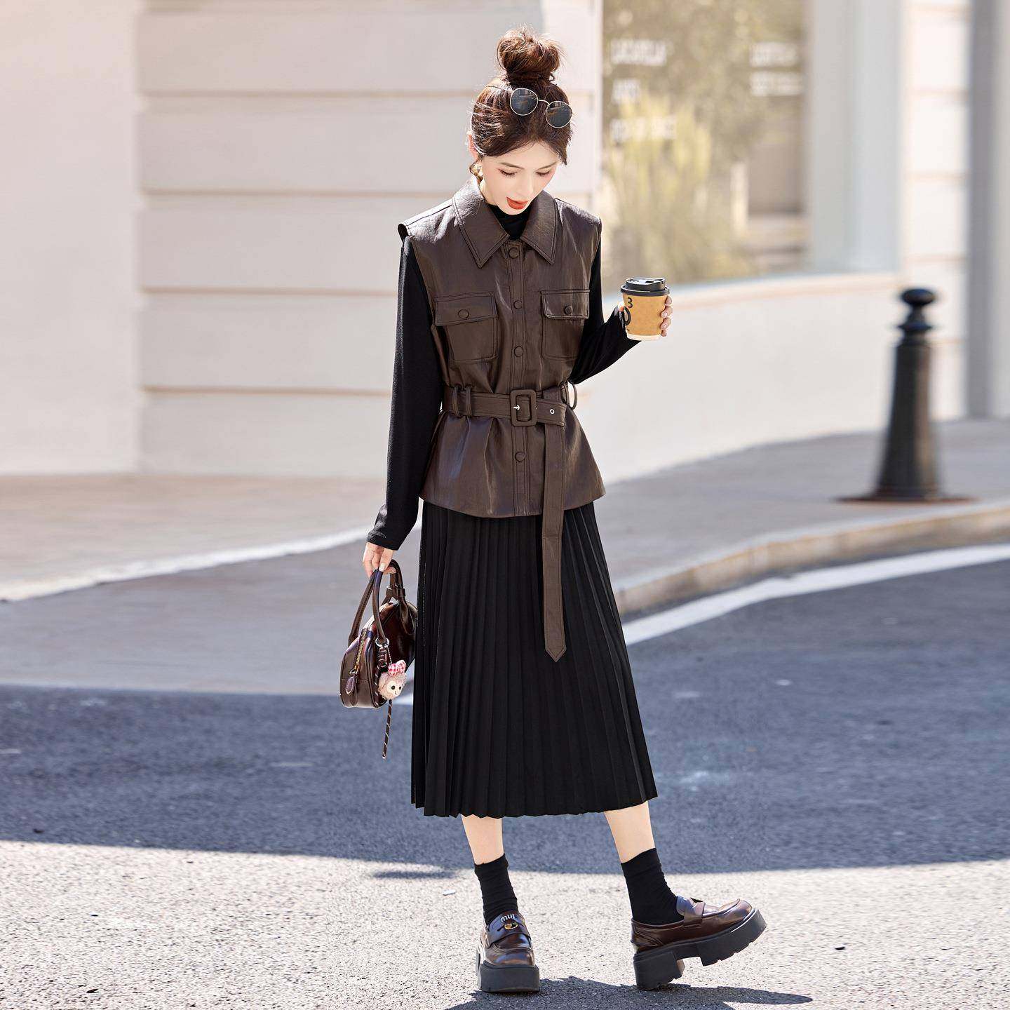 高级感气长质套装裙女20马25秋季新翻领皮甲百褶袖连衣裙ZYI2620F