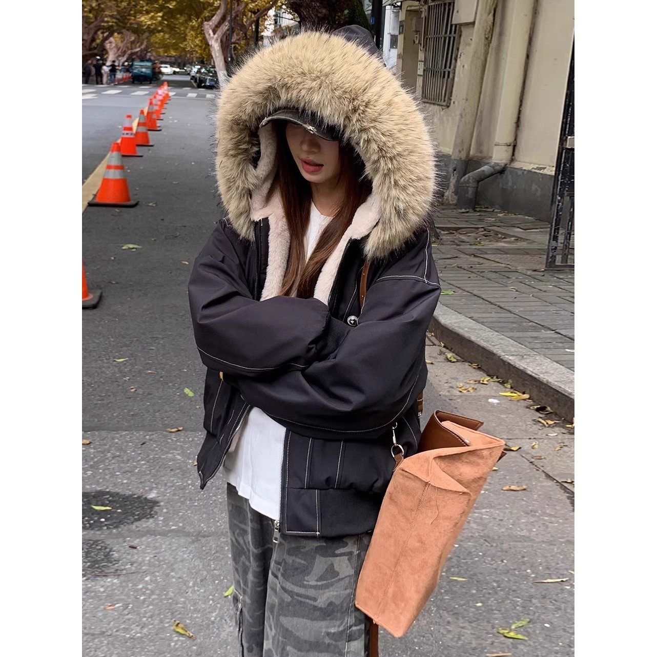 冬季座山雕美式派克棉服外套夹棉帆布水洗男女厚毛领连帽短款棉衣