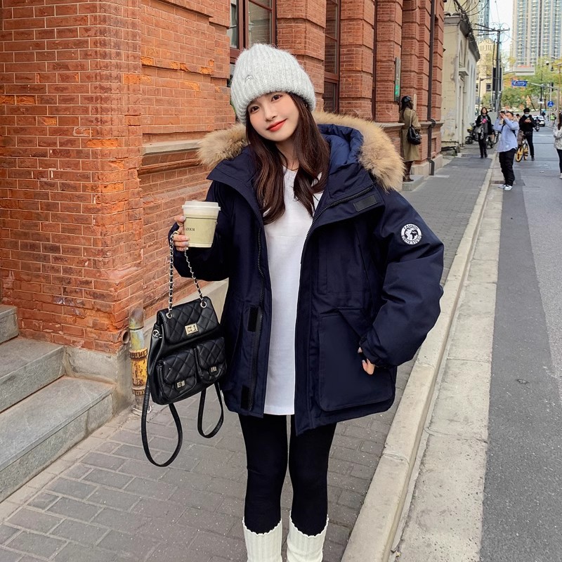 工装派克羽绒棉服女冬季大毛领连帽oversize美式复古加厚保暖棉衣