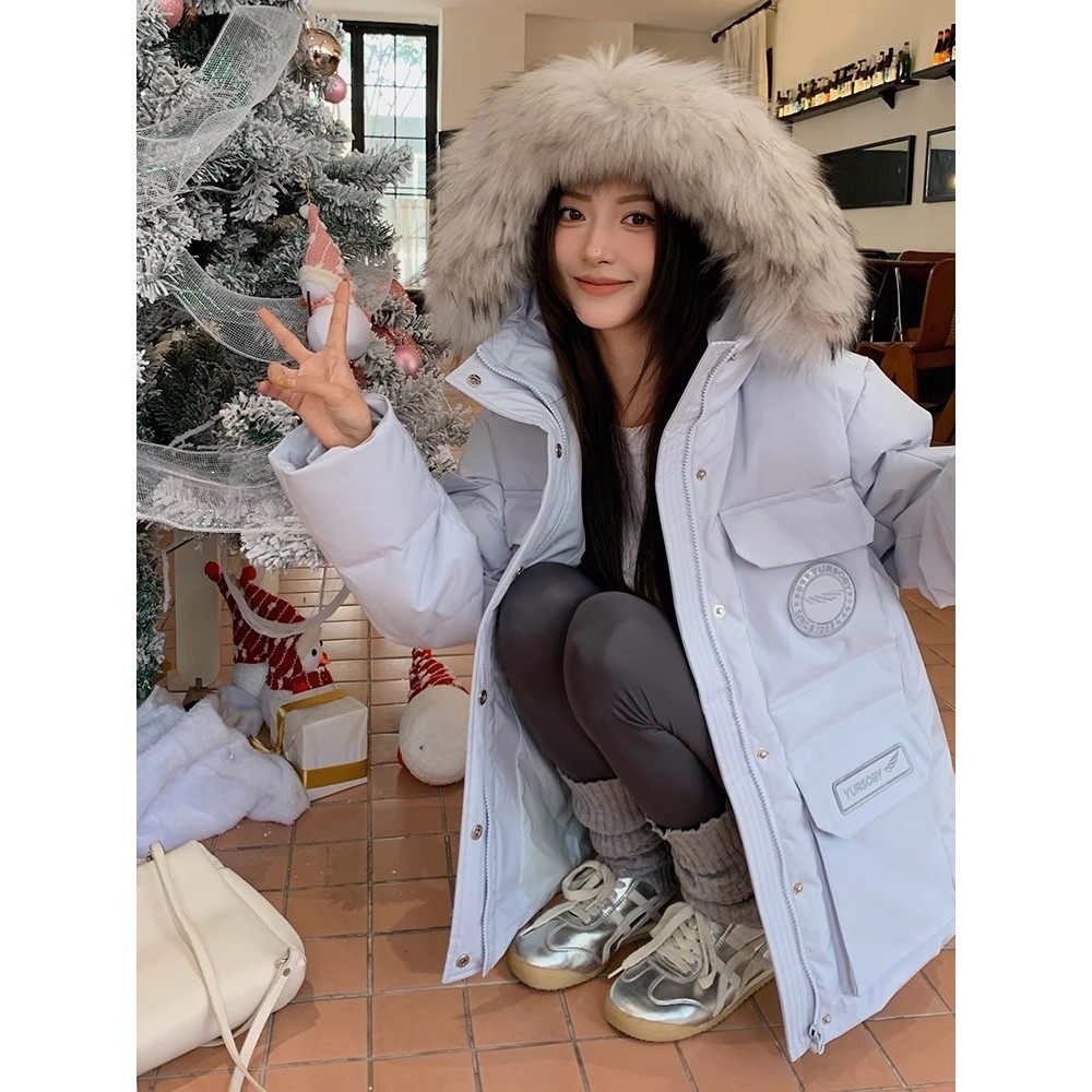 浅蓝色短款派克棉服女冬季保暖加厚带毛领学院风小个子工装外套潮