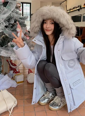 浅蓝色短款派克棉服女冬季保暖加厚带毛领学院风小个子工装外套潮