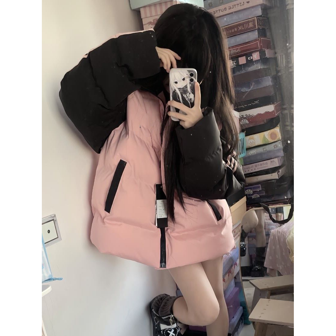 美式复古街头粉色条纹拼接撞色棉衣外套女冬季保暖加厚羽绒棉服