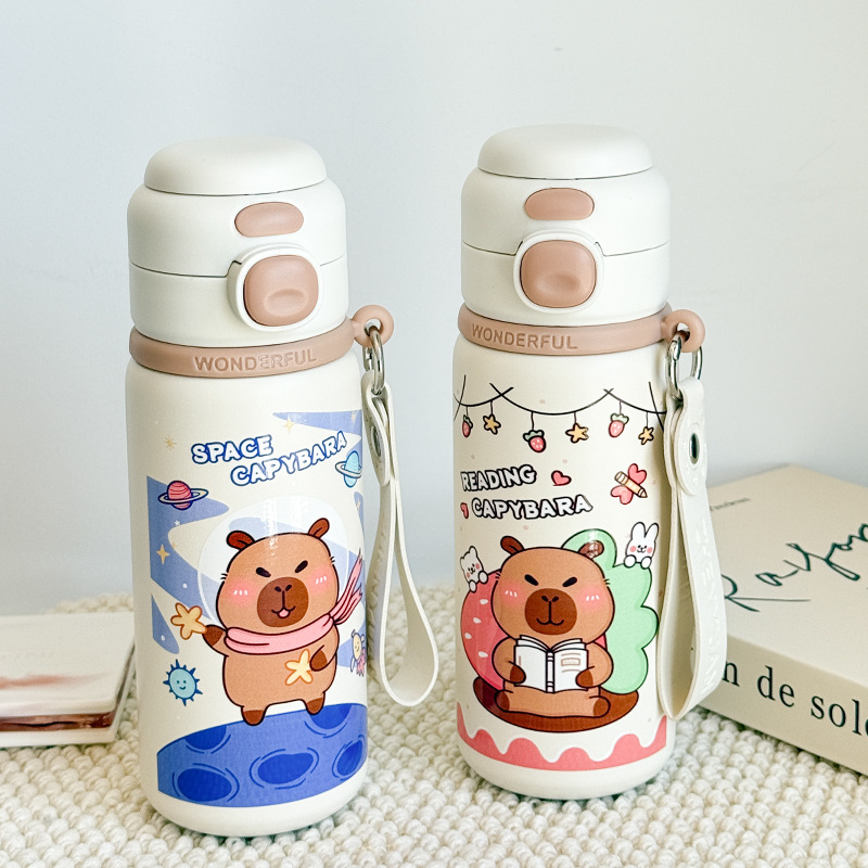 ins女生双饮保温杯 儿童可爱土拨鼠高颜值便携316不锈钢吸管水杯