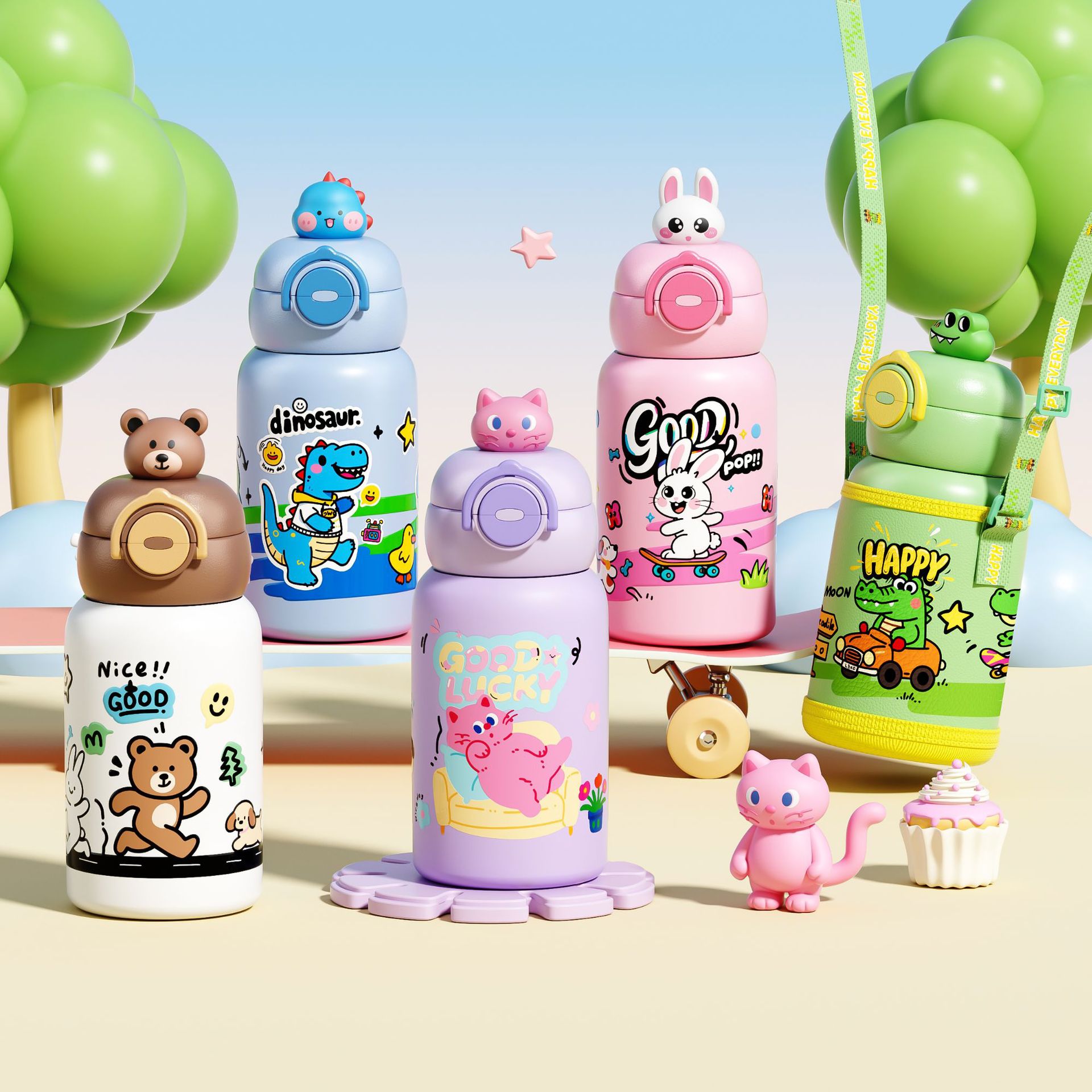 萌宠公仔儿童保温杯316不锈钢清新吸管杯带茶盖学生男女三饮水杯