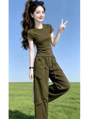 2026夏装穿搭一整套女装修身显瘦短袖T恤工装阔腿裤休闲两件套装