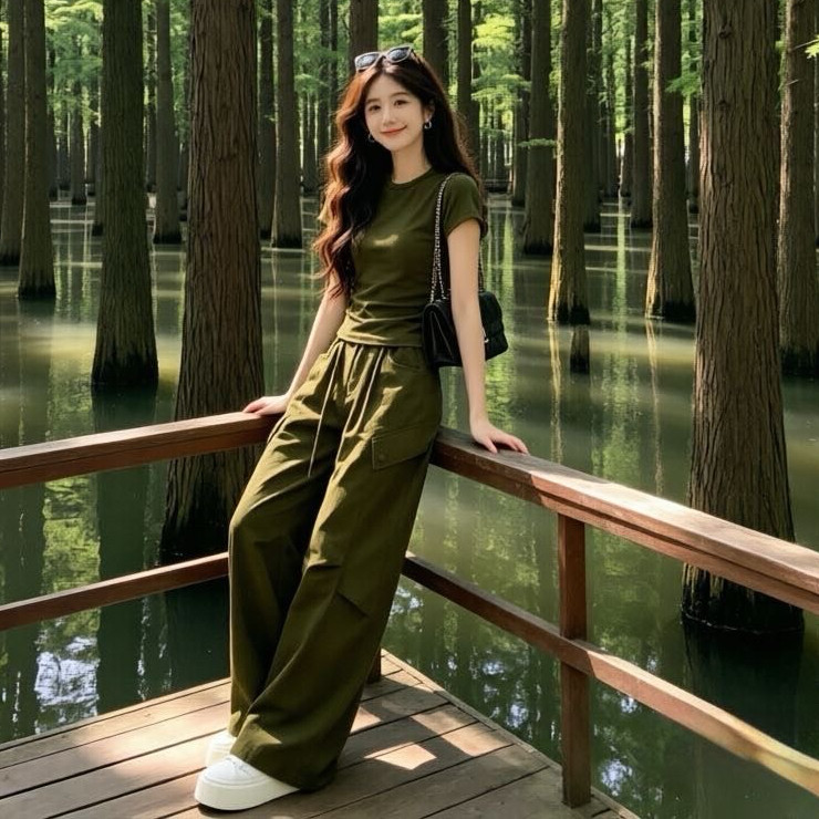 2026夏装穿搭一整套女装修身显瘦短袖T恤工装阔腿裤休闲两件套装