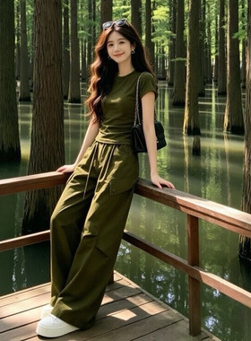 2026夏装穿搭一整套女装修身显瘦短袖T恤工装阔腿裤休闲两件套装
