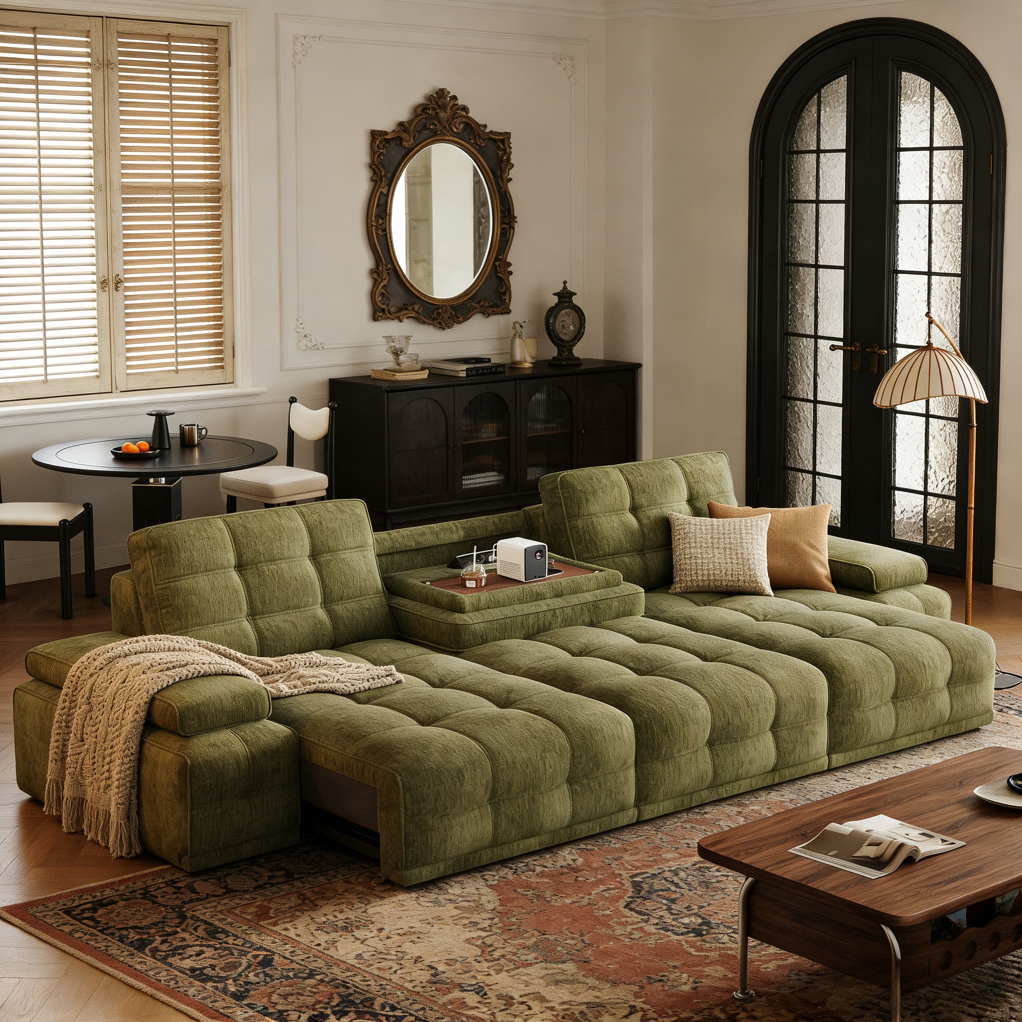 电动多功能劳伦斯中古风雪尼尔布艺沙发可躺可睡家庭影院客厅沙发