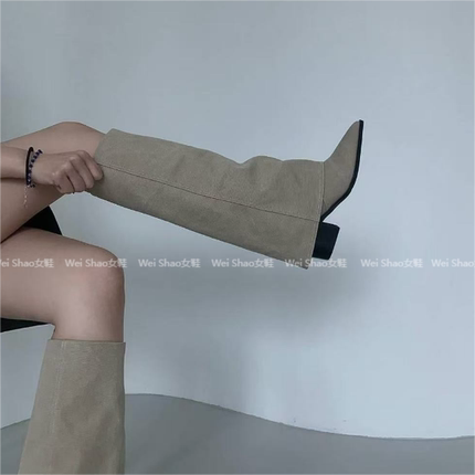 韩国东大门代购25秋冬时髦尖头粗跟裤管靴牛仔布面美拉德套筒长靴