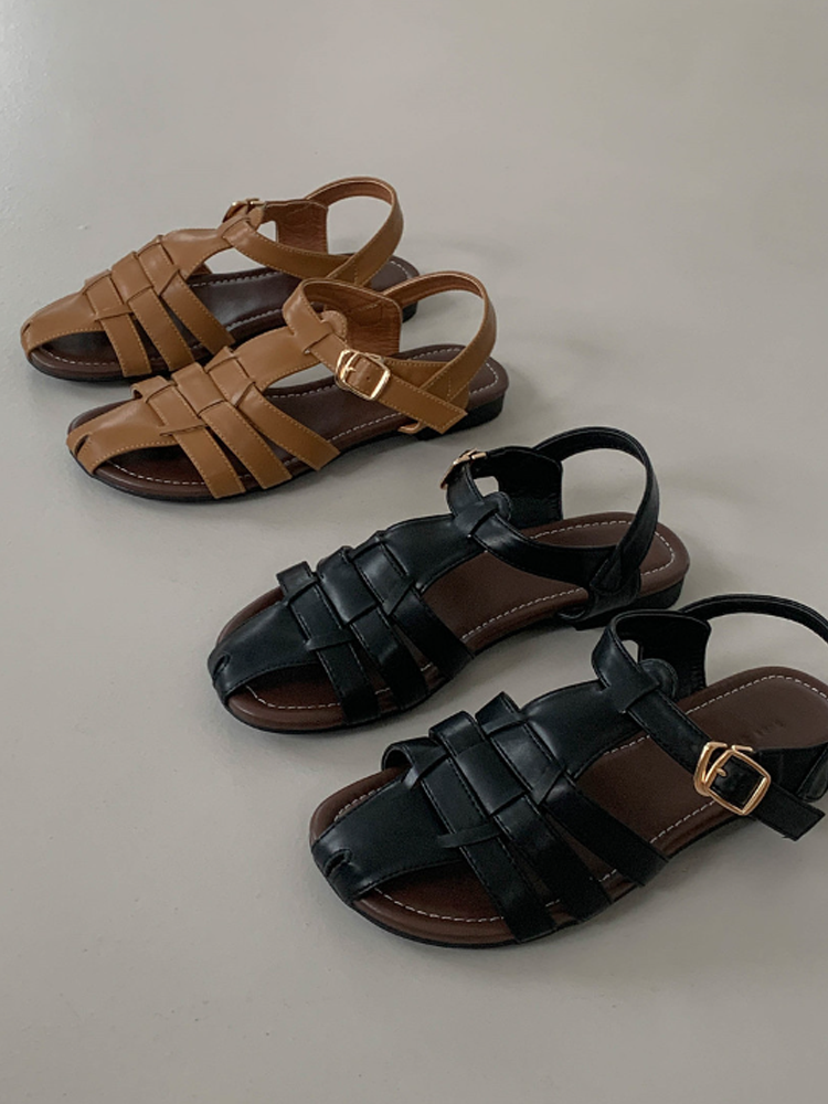 韩国东大门2024春夏新款复古镂空编织小众一字带平底包头罗马凉鞋,女鞋,罗马凉鞋,淘宝优惠券,粉丝福利购,淘宝优惠卷