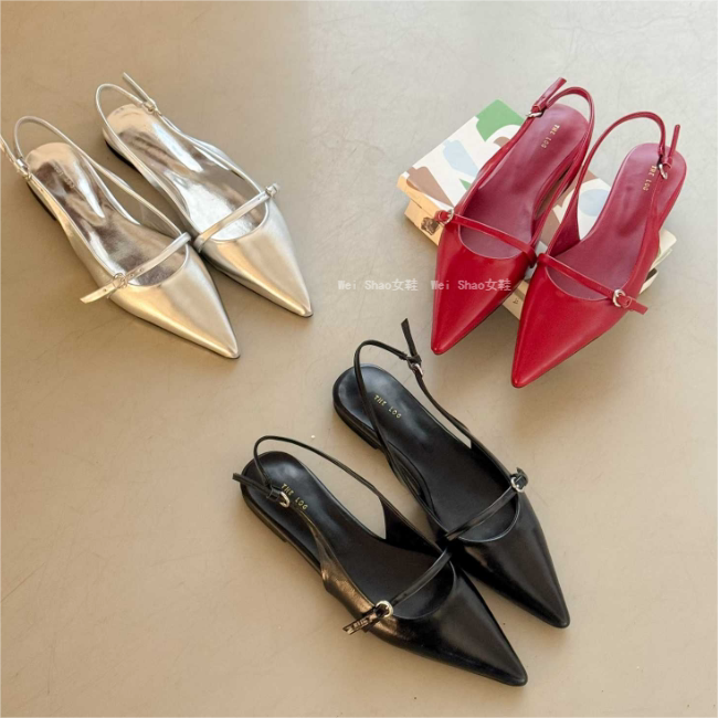 韩国东大门代购法式气质一字皮带扣后绊带包头凉鞋银色平底尖头鞋