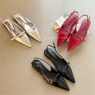 韩国东大门代购法式气质一字皮带扣后绊带包头凉鞋银色平底尖头鞋