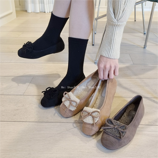 加绒一脚蹬圆头玛丽珍平底鞋棉鞋