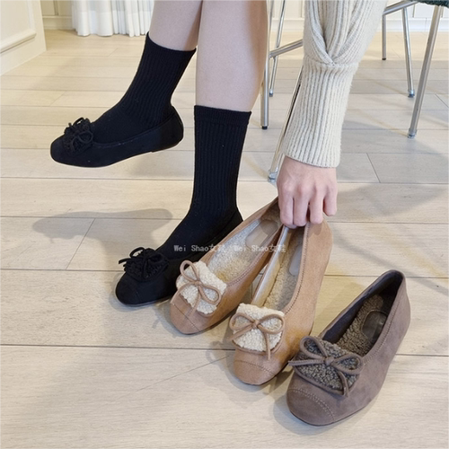 加绒一脚蹬圆头玛丽珍平底鞋棉鞋