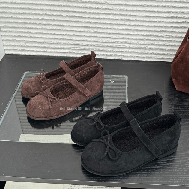 Wei Shao女鞋韩国甜美蝴蝶结魔术贴加绒玛丽珍芭蕾舞风平底单鞋,女鞋,棉鞋,淘宝优惠券,粉丝福利购,淘宝优惠卷