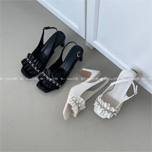 后绊带露趾凉鞋 韩国东大门代购 气质褶皱花边一字高跟鞋 法式 26夏季
