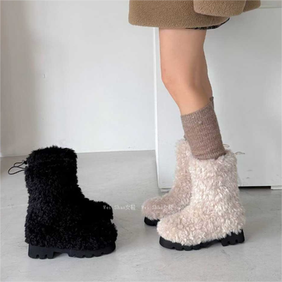 加绒筒短筒棉靴雪地靴毛毛靴