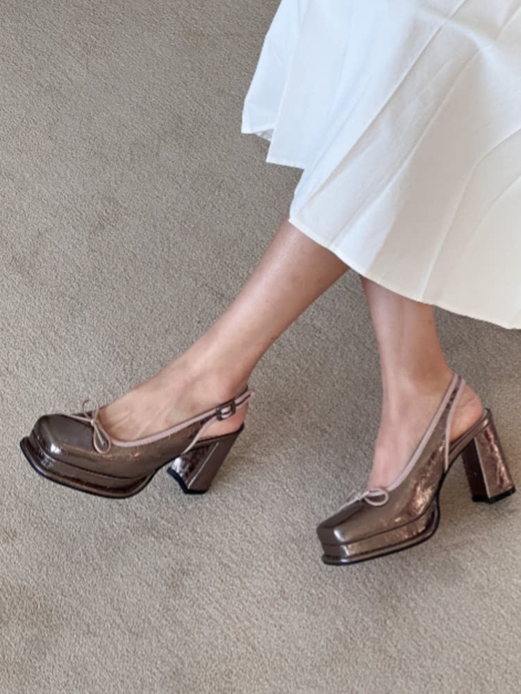 韩国东大门代购气质防水台蝴蝶结粗跟包头格子高跟鞋百搭方头单鞋