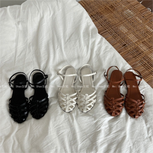 复古罗马风编织镂空显瘦平底沙滩包头凉鞋 韩国东大门代购 26夏季