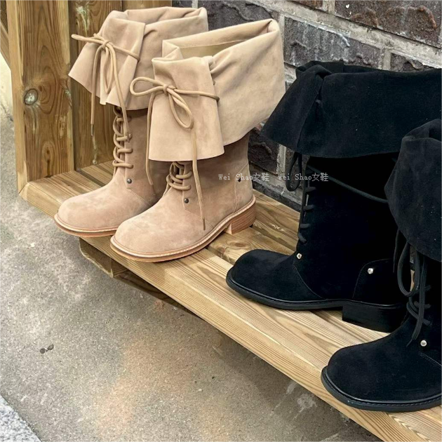可翻折系带套筒时装靴高筒长靴