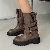 韩国东大门代购 25秋冬潮酷骑士靴皮带扣宽松大筒围增高厚底中筒靴