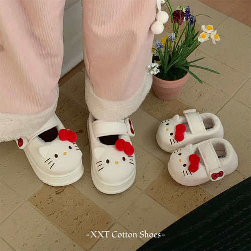 正版HelloKitty猫软厚底秋冬可爱玛丽珍棉鞋女士学生魔术贴豆豆鞋