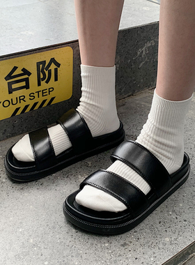 韩国ins网红黑色双带凉拖女厚底防滑沙滩罗马鞋半拖夏拖鞋外穿男