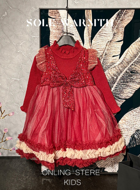 唯暖女童连衣裙儿童红色公主裙小宝宝礼服高端富家千金感新年衣服