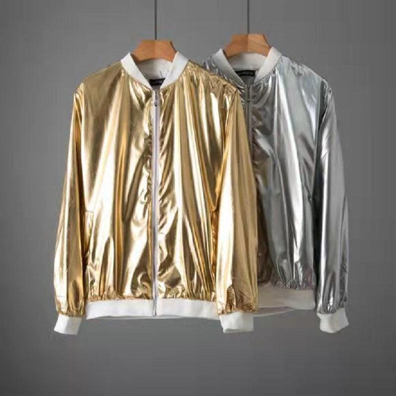 秋季金银色亮面反光棒球服潮流修身外套男夹克上衣服大码男装,男装夹克,星座1804