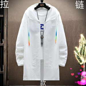 中长款防晒衣夏季轻薄连帽披风潮流帅气风衣自由配帽绳白色彩图片