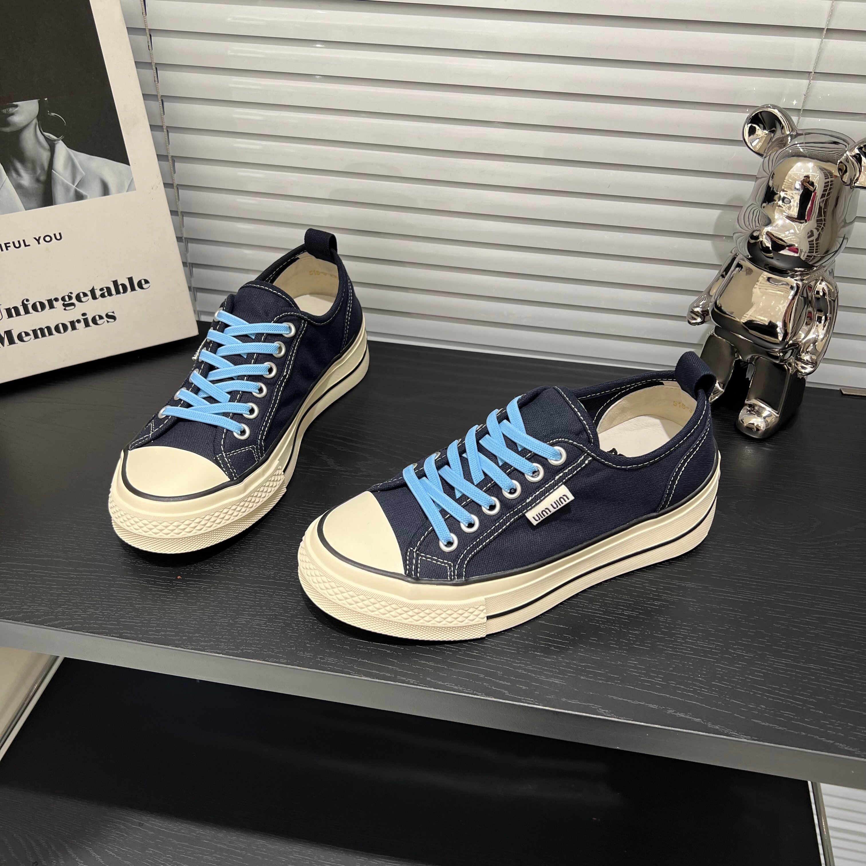 悦薇高品质女鞋圆头帆布鞋女深蓝色交叉绑带休闲鞋百搭厚底板鞋