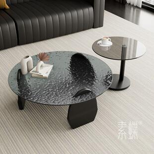 意式极简水波纹钢化玻璃茶几圆形小户型设计师款大小圆茶几组合