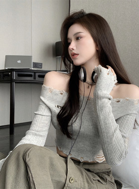 针织衫女韩版一字肩纯欲风破洞短款上衣早秋小心机紧身长袖打底衫