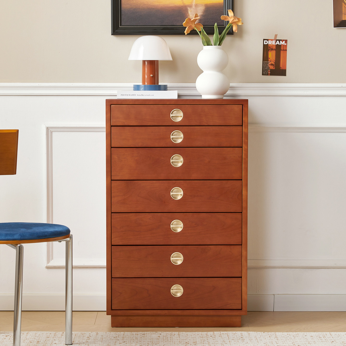 丹麦中古风樱桃木七斗柜复古小户型柚木色抽屉收纳储物柜沙发边柜,住宅家具,斗柜,淘宝优惠券,粉丝福利购,淘宝优惠卷