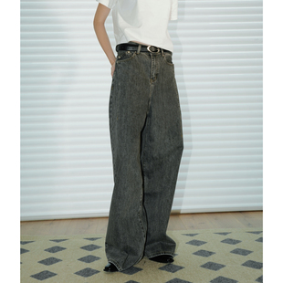 女雾面炭灰百搭休闲直筒长裤 UNNNSAD Baggy弧线茧型阔腿牛仔裤