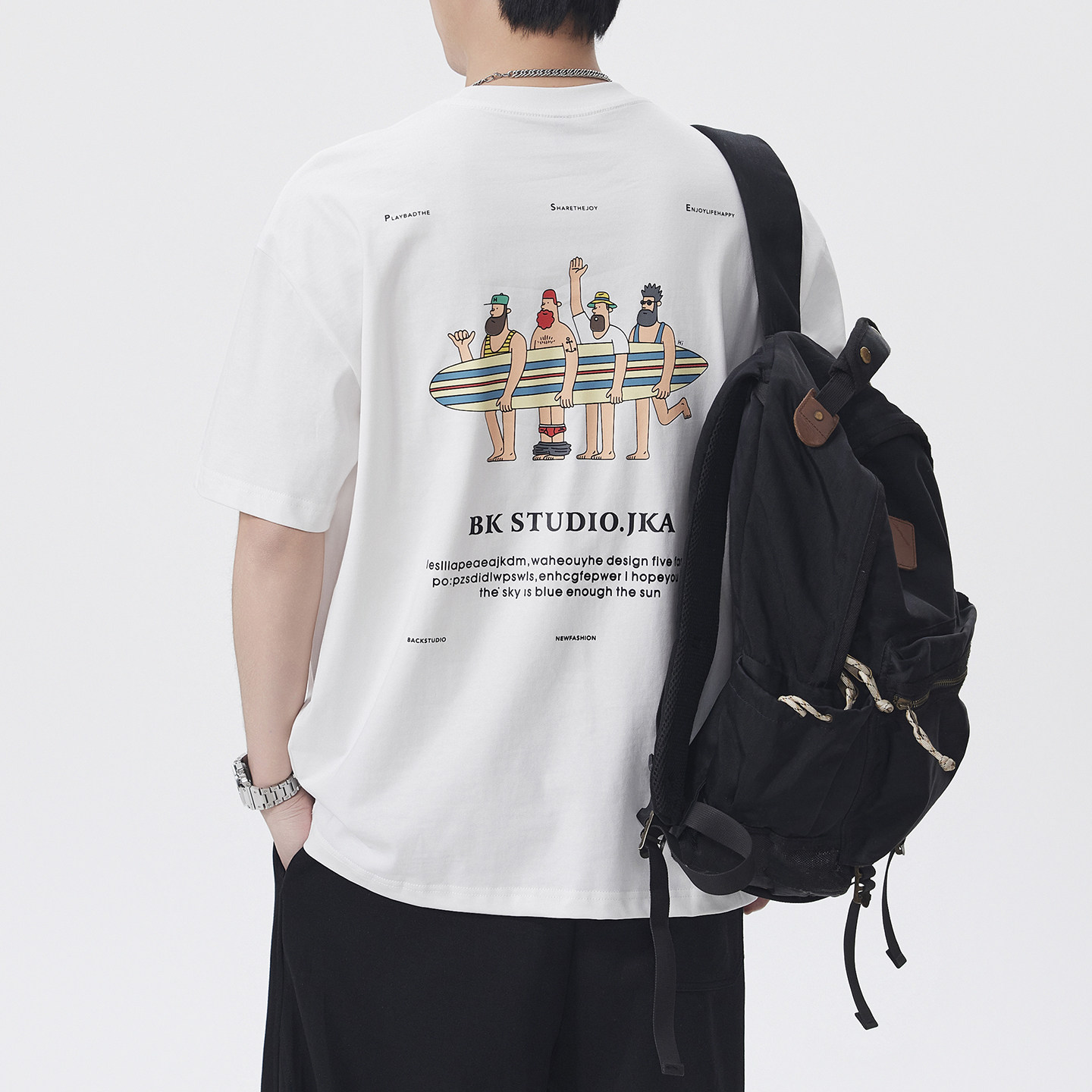 T恤卡通图案美式潮牌纯棉刺绣重磅水洗短袖t恤男夏季宽松圆领半袖