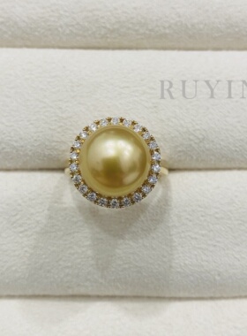 专柜高品质厚金版定制/18k黄金钻石/天然海水南洋金珍珠戒指T家