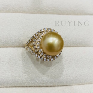 高端豪华南洋金海水珍珠TASAKI风格18k黄金镶嵌天然68分钻石戒指