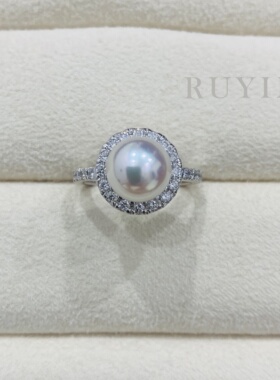 日本高品质akoya海水珍珠18k白金包钻式镶嵌天然38分钻石珍珠戒指