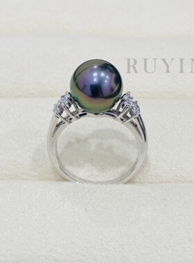 专柜品质厚金版大溪地天然海水黑珍珠18k白金天然24分钻石戒指