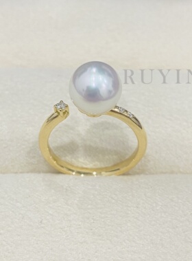 日本高品质akoya天然海水珍珠18k黄金镶嵌天然3分钻石珍珠戒指