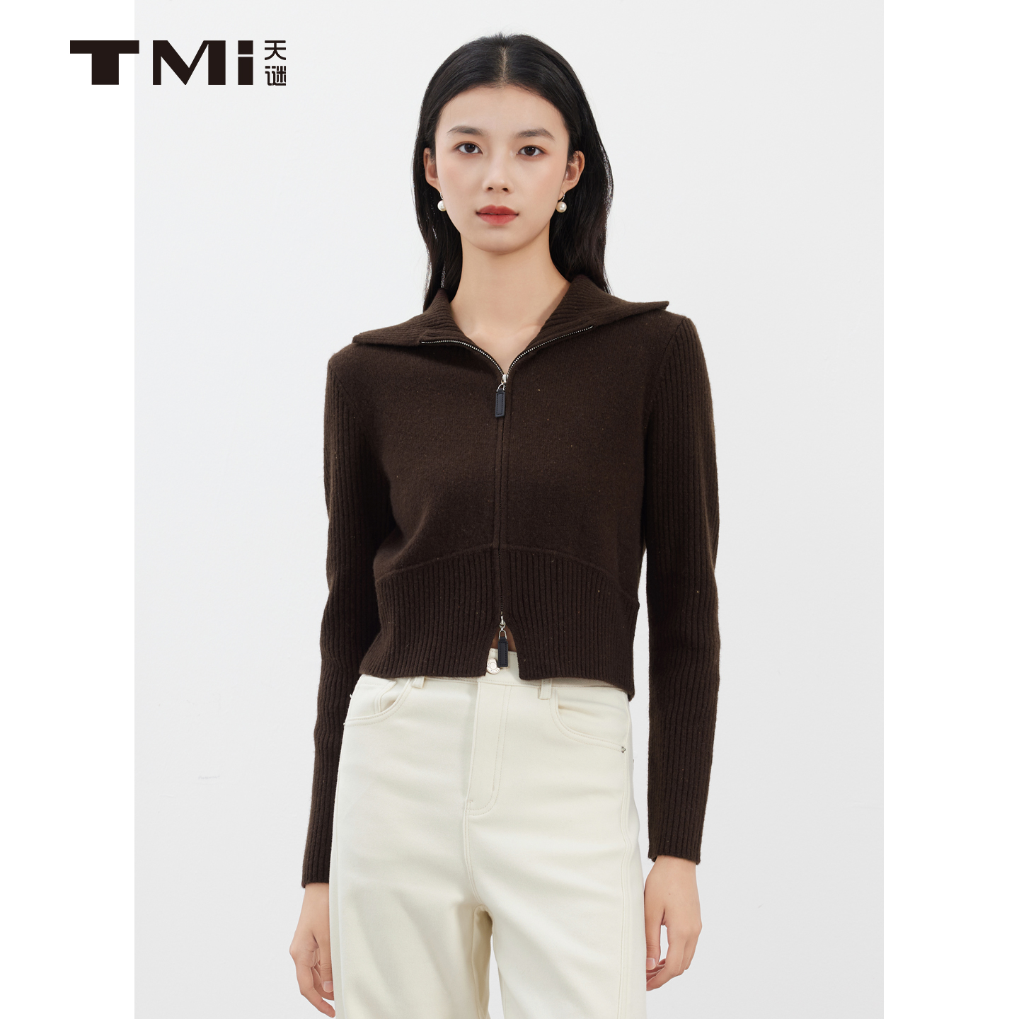 天谜美拉德翻领拉链针织衫
