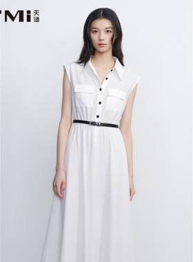 天谜通勤收腰连衣裙无袖白色简约长裙百褶裙2025夏季TMi252169