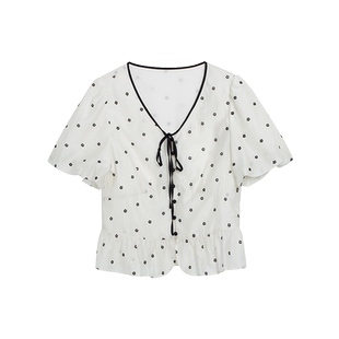 天谜小衫单排扣系带小花荷叶边雪纺衫2024夏季女装TMi242141