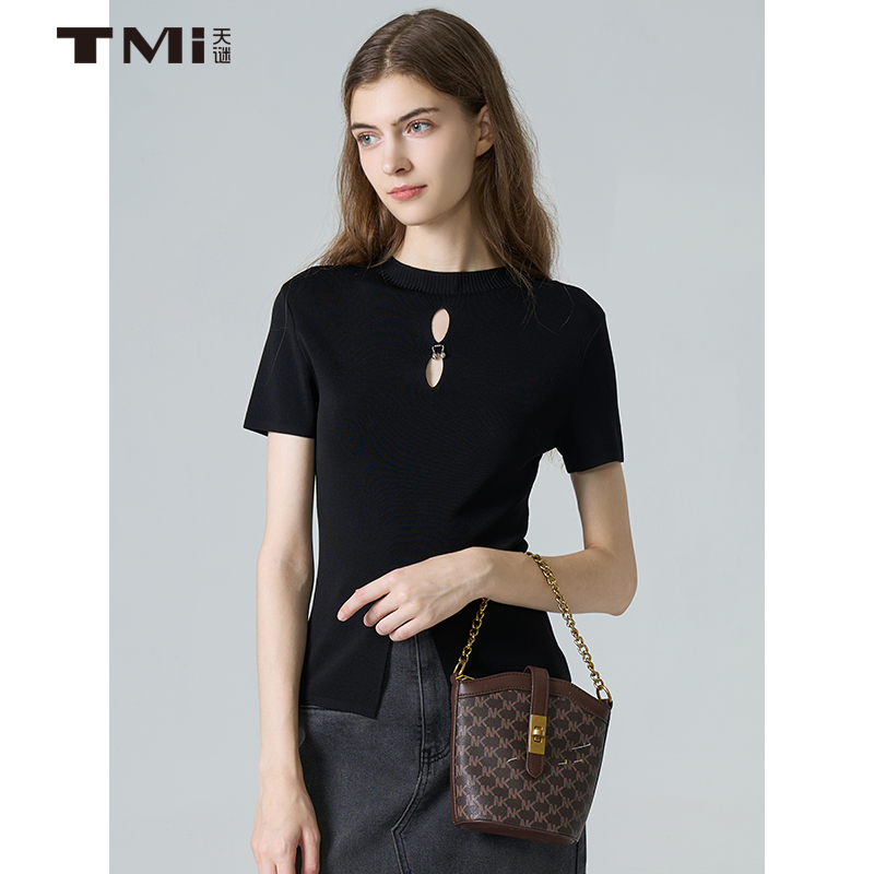 天谜套头镂空弹性针织衫