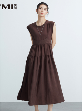 天谜假两件连衣裙无袖圆领中长裙复古茶歇裙2025夏季TMi252131