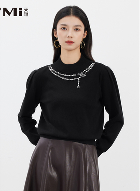 天谜简约百搭针织衫钉珠半高领优雅毛衣2025冬季女装TMi254144
