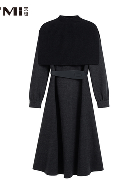 天谜可拆卸披肩连衣裙时尚加厚中长款裙子2025冬季女装TMi254206